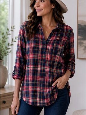 Eddie Bauer Plaid Tunic Shirt Size M Pink Navy Cotton Flannel Cottagecore
